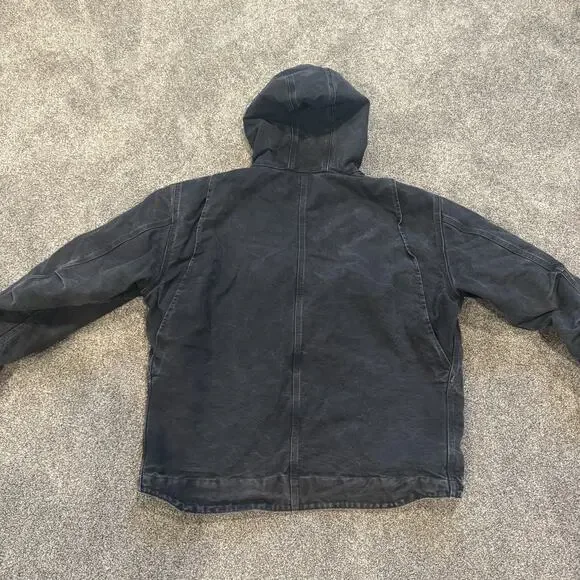 Y2K Distressed Carhartt J141 Black Men's Canvas Sherpa Lined Hooded Work Coat XL - Picture 3 of 10